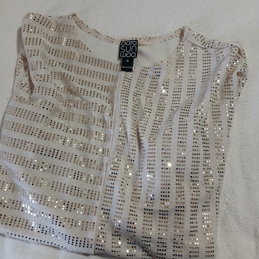 Clara Sun Woo Medium Gold Sequin 1/4-Sleeved gold Tunic USA MADE Curved Hem